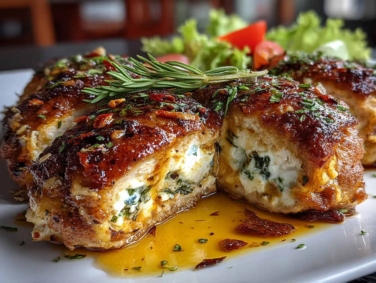 Sliced Greek Stuffed Chicken served with fresh herbs and side dishes