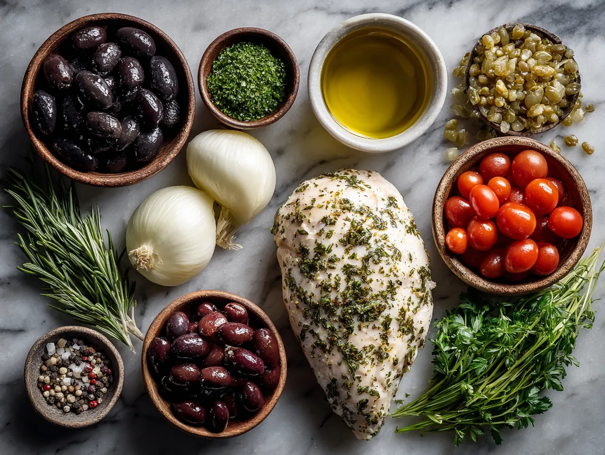 Ingredients for Greek Stuffed Chicken including spinach, feta, chicken breasts, and herbs