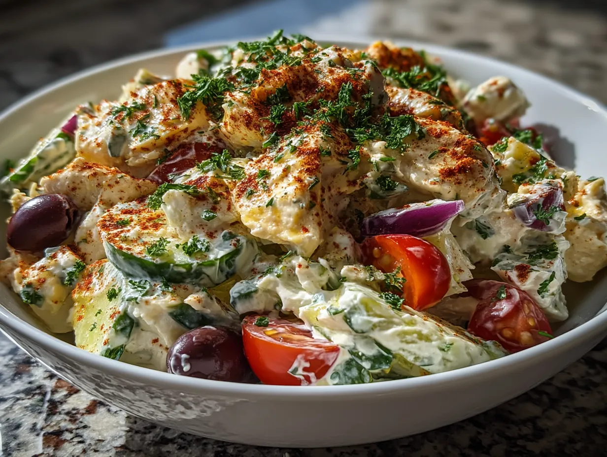 Served Greek Yogurt Chicken Salad on whole-grain bread with fresh greens on the side