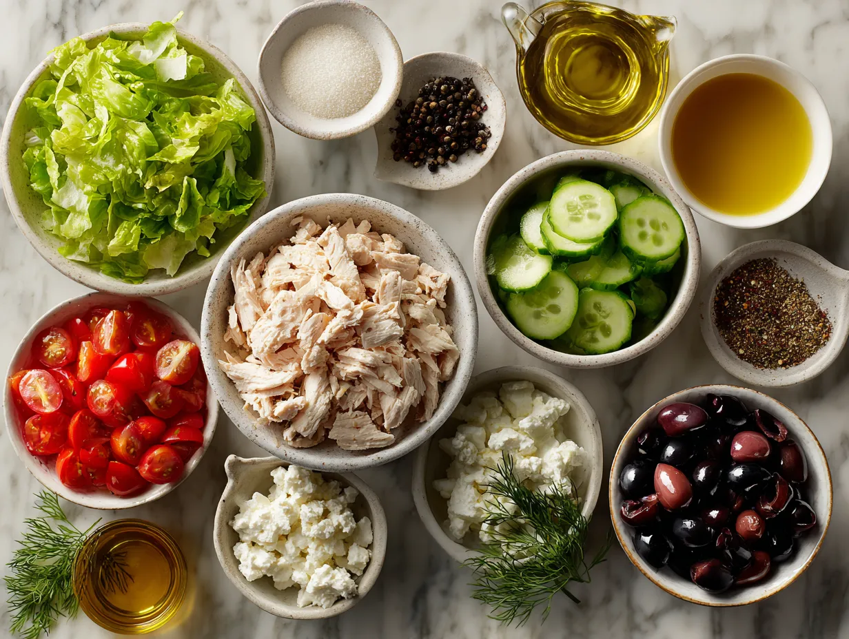Ingredients for Greek Yogurt Chicken Salad including chicken, Greek yogurt, celery, red onion, dill, lemon, and nuts