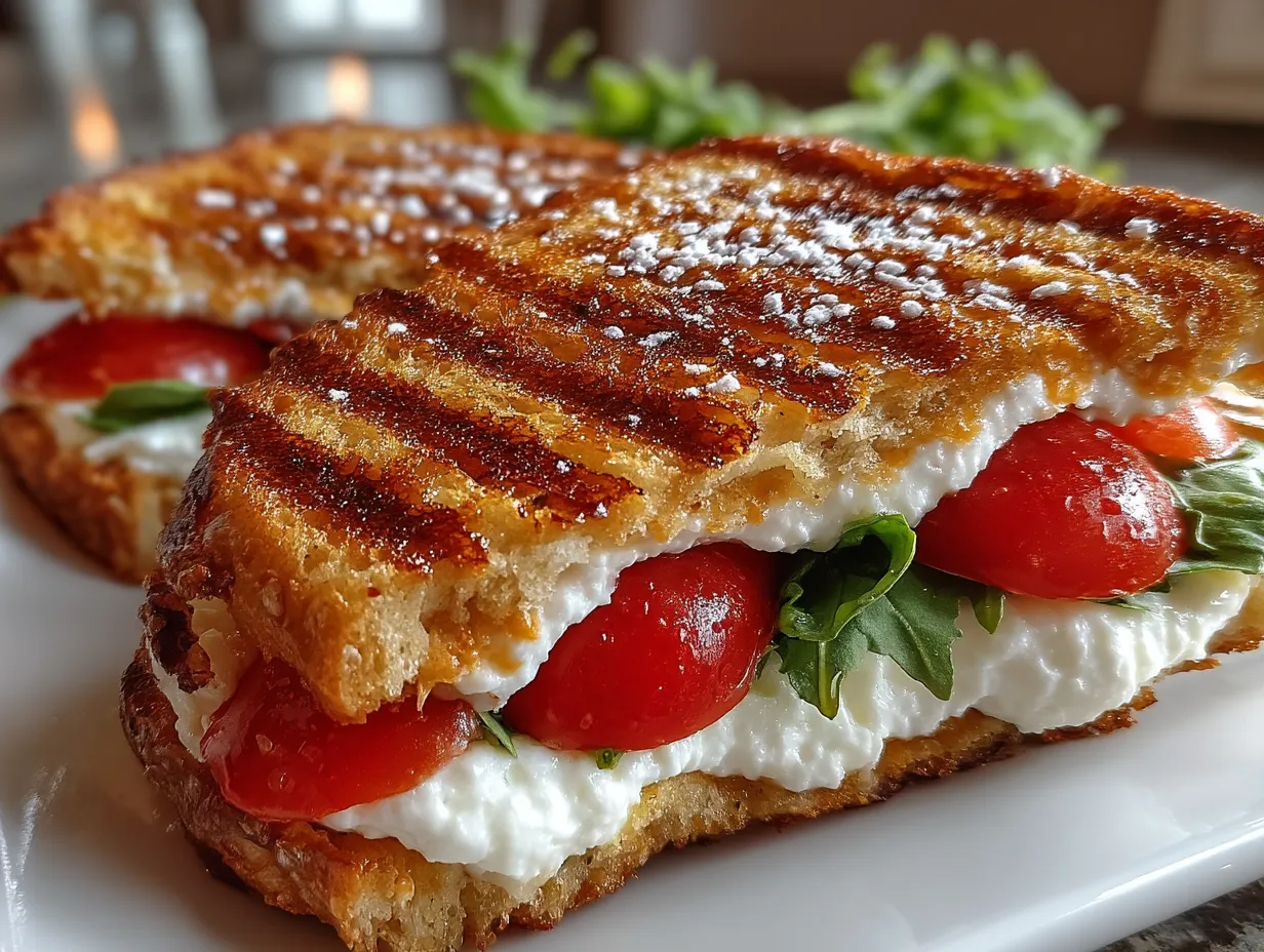 Serving Grilled Caprese Panini Sandwich with salad