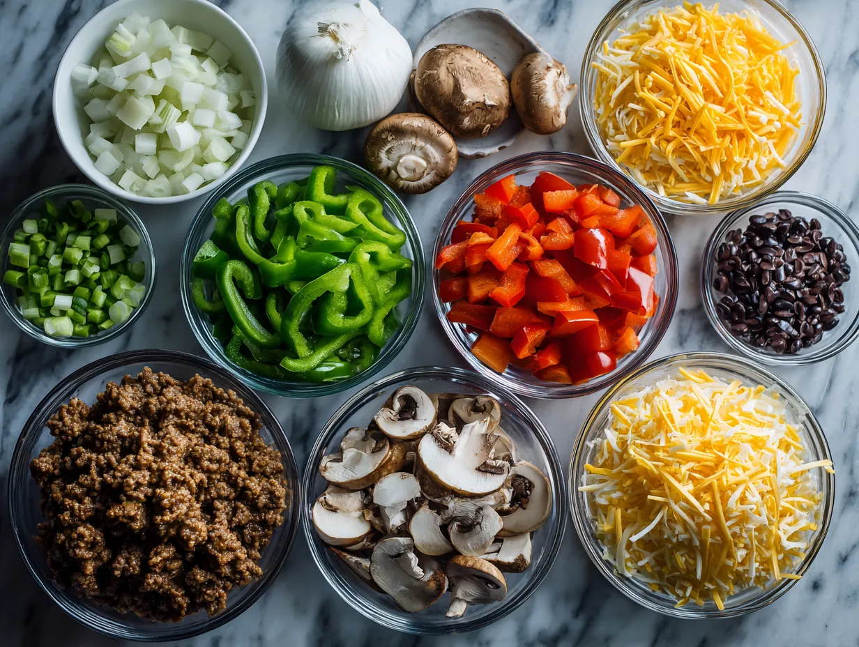 Ingredients for Ground Beef and Vegetable Casserole with Cheddar