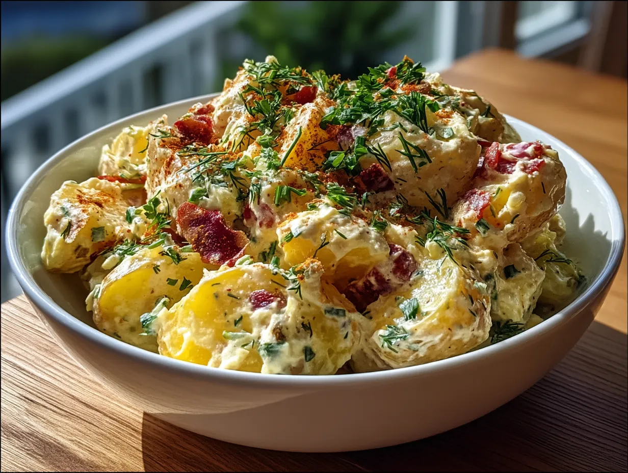 Creamy Hellmanns potato salad served in a classic white ceramic bowl with paprika garnish ready to serve