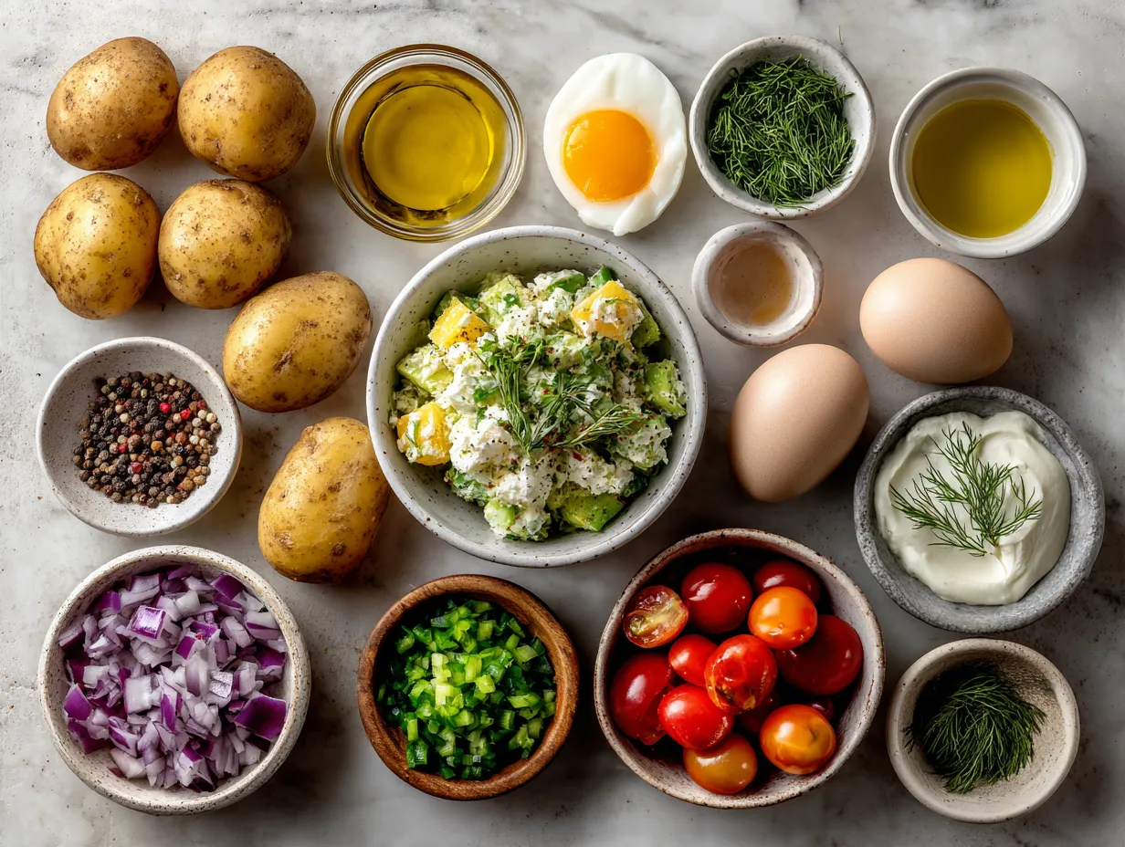 Ingredients for Hellmanns potato salad laid out on a wooden surface with Hellmanns mayonnaise, potatoes, eggs, and other ingredients