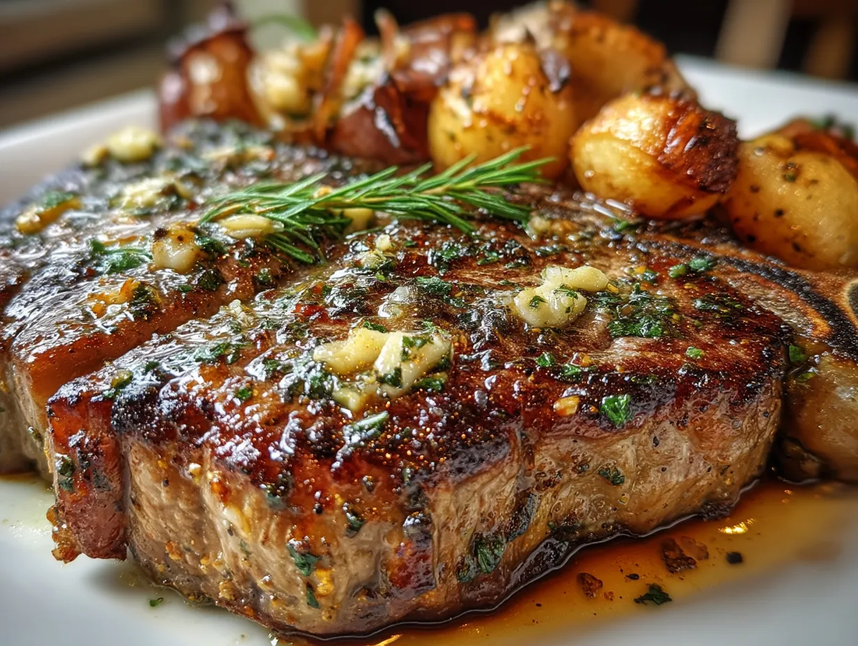 Serving Juicy Garlic Butter T-Bone Steak with Roasted Onions