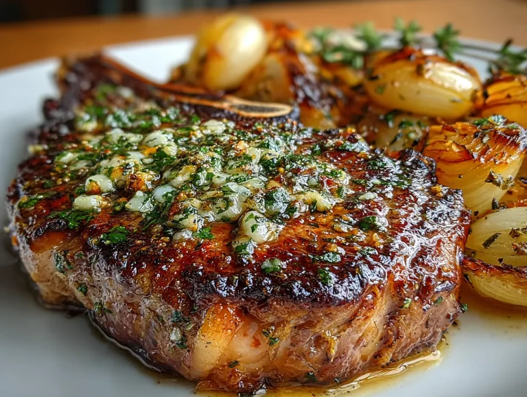 Juicy Garlic Butter T-Bone Steak with Roasted Onions