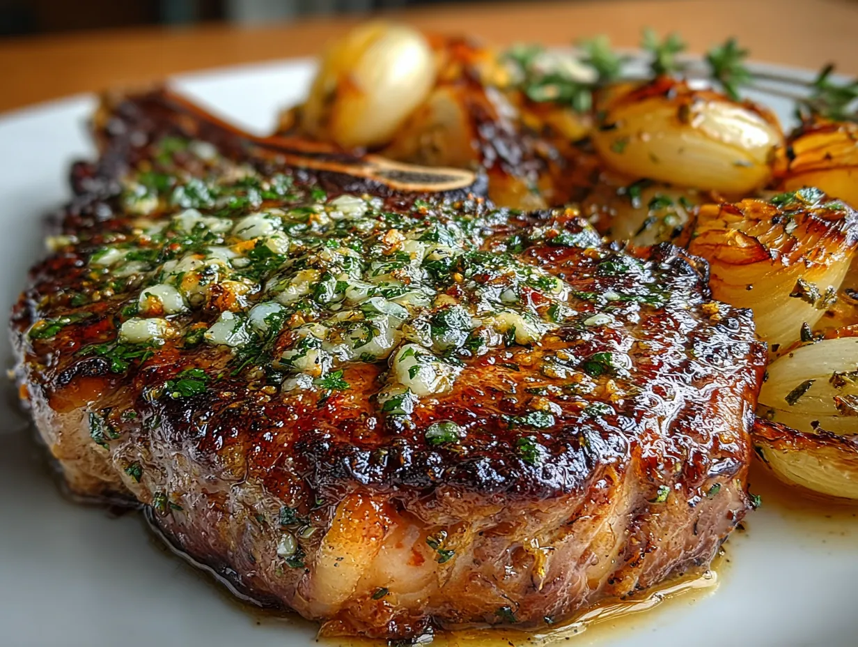 Juicy Garlic Butter T-Bone Steak with Roasted Onions