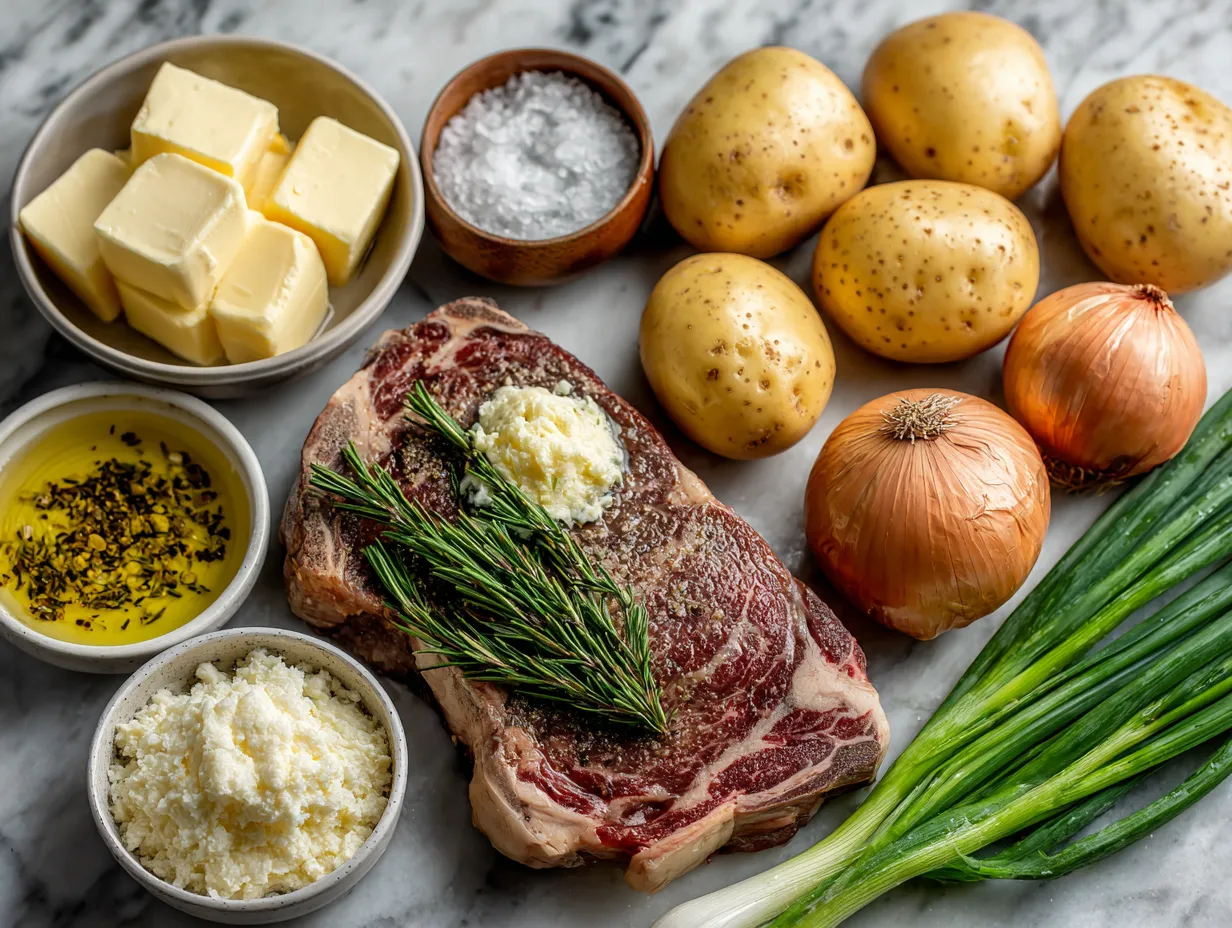 Ingredients for Juicy Garlic Butter T-Bone Steak with Roasted Onions