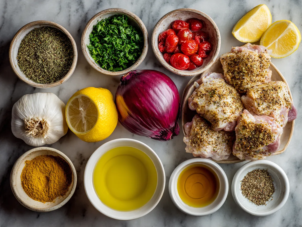 Ingredients for Lemon Pepper Chicken Thighs on a wooden surface