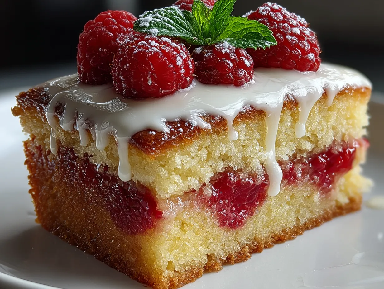 Sliced Lemon Raspberry Layer Cake garnished with fresh raspberries and lemon zest curls ready to serve