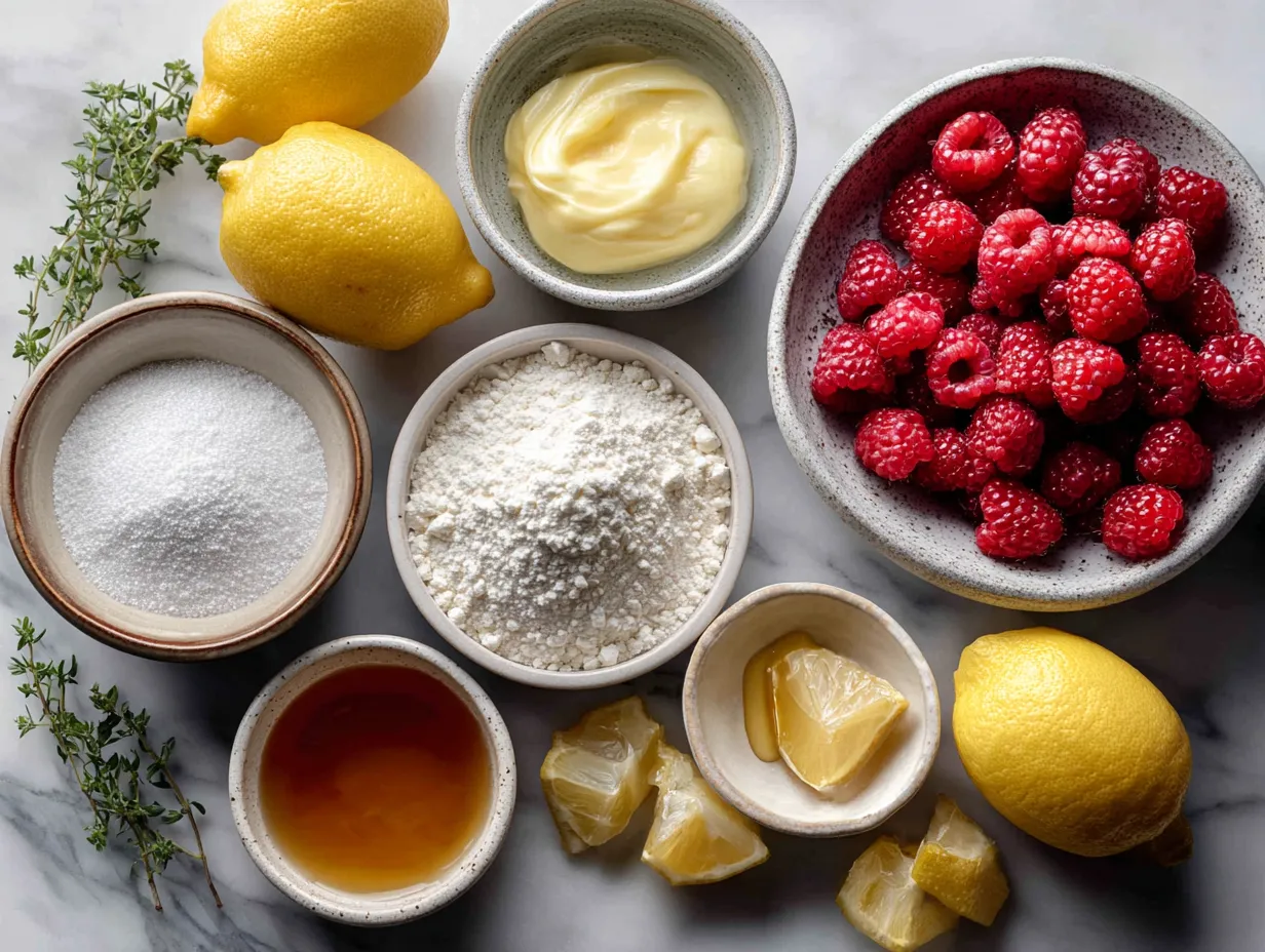 Ingredients for Lemon Raspberry Layer Cake including flour, butter, raspberries, and cream cheese frosting components