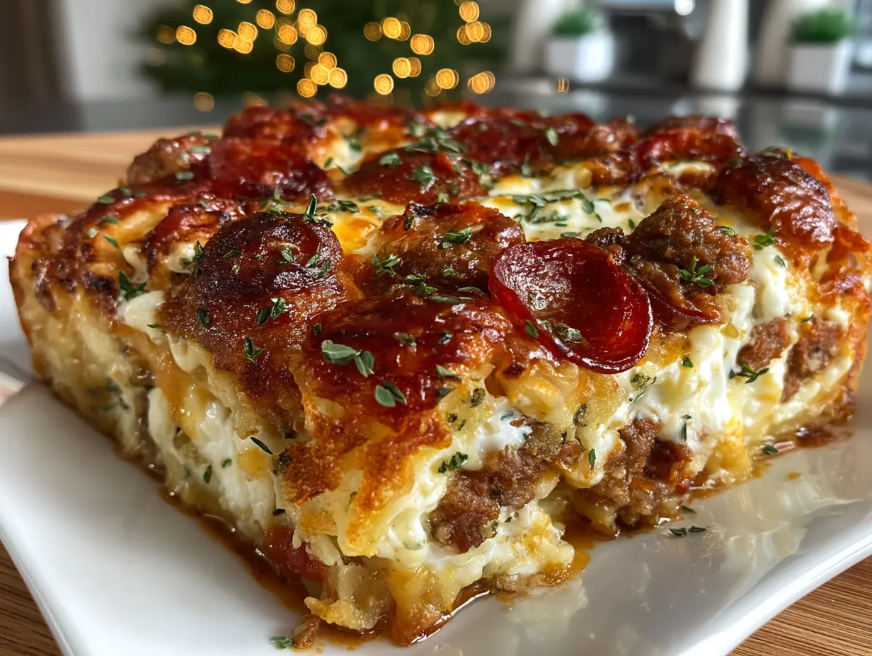 Serving of Meat Lovers Pizza Casserole with salad and breadsticks