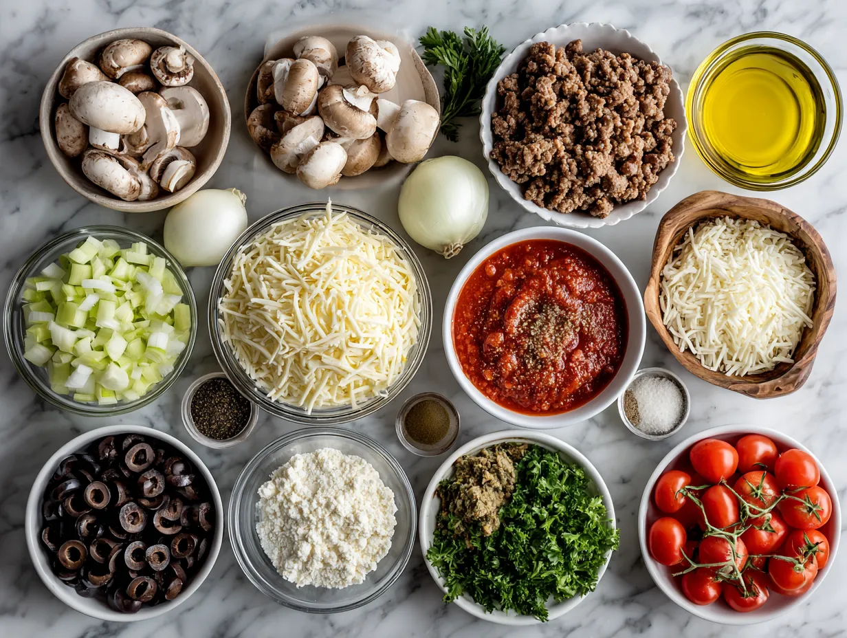 Ingredients laid out for Meat Lovers Pizza Casserole