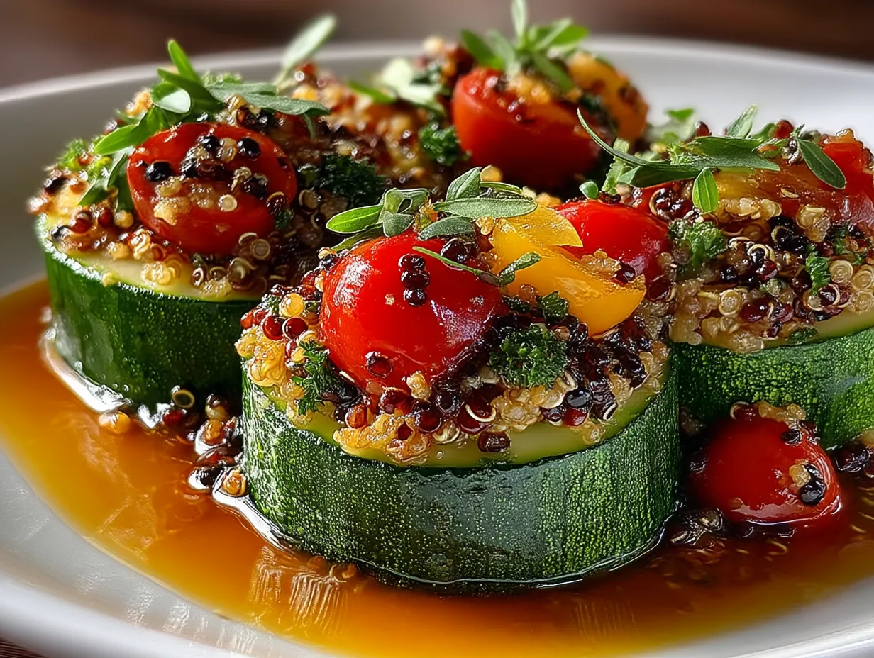 Mediterranean Quinoa Stuffed Cucumber served on a platter with fresh herbs garnish