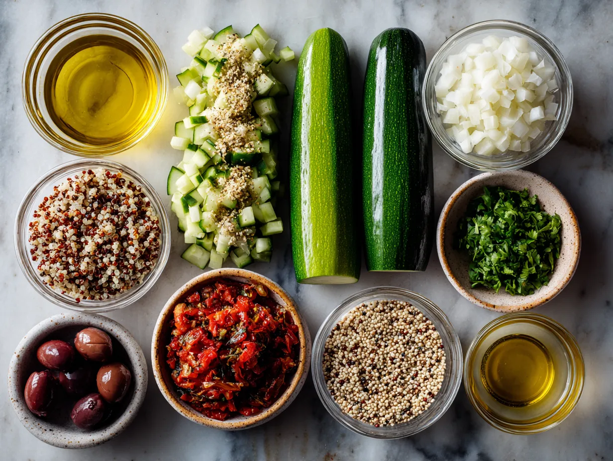 Ingredients for Mediterranean Quinoa Stuffed Cucumber including cucumbers, quinoa, tomatoes, olives, feta cheese, and fresh herbs