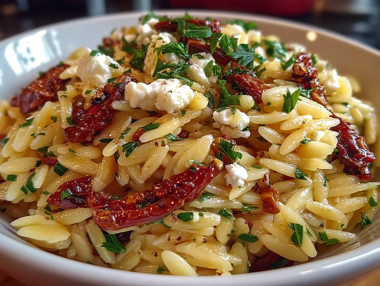 Freshly served Orzo Pasta Salad with Feta and Sun-Dried Tomatoes in a bowl ready to eat