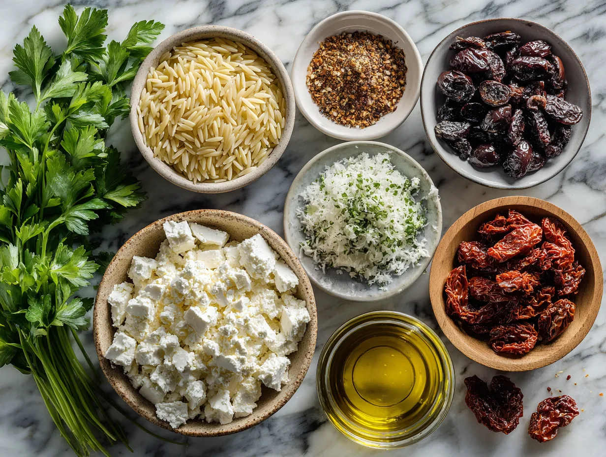 Ingredients for Orzo Pasta Salad with Feta and Sun-Dried Tomatoes including orzo, feta cheese, and sun-dried tomatoes
