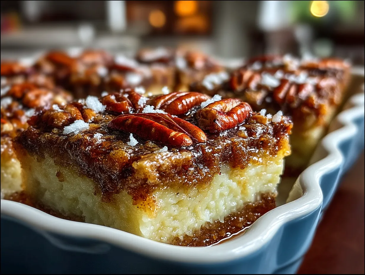 Plated pecan pie bars on a serving tray ready to serve
