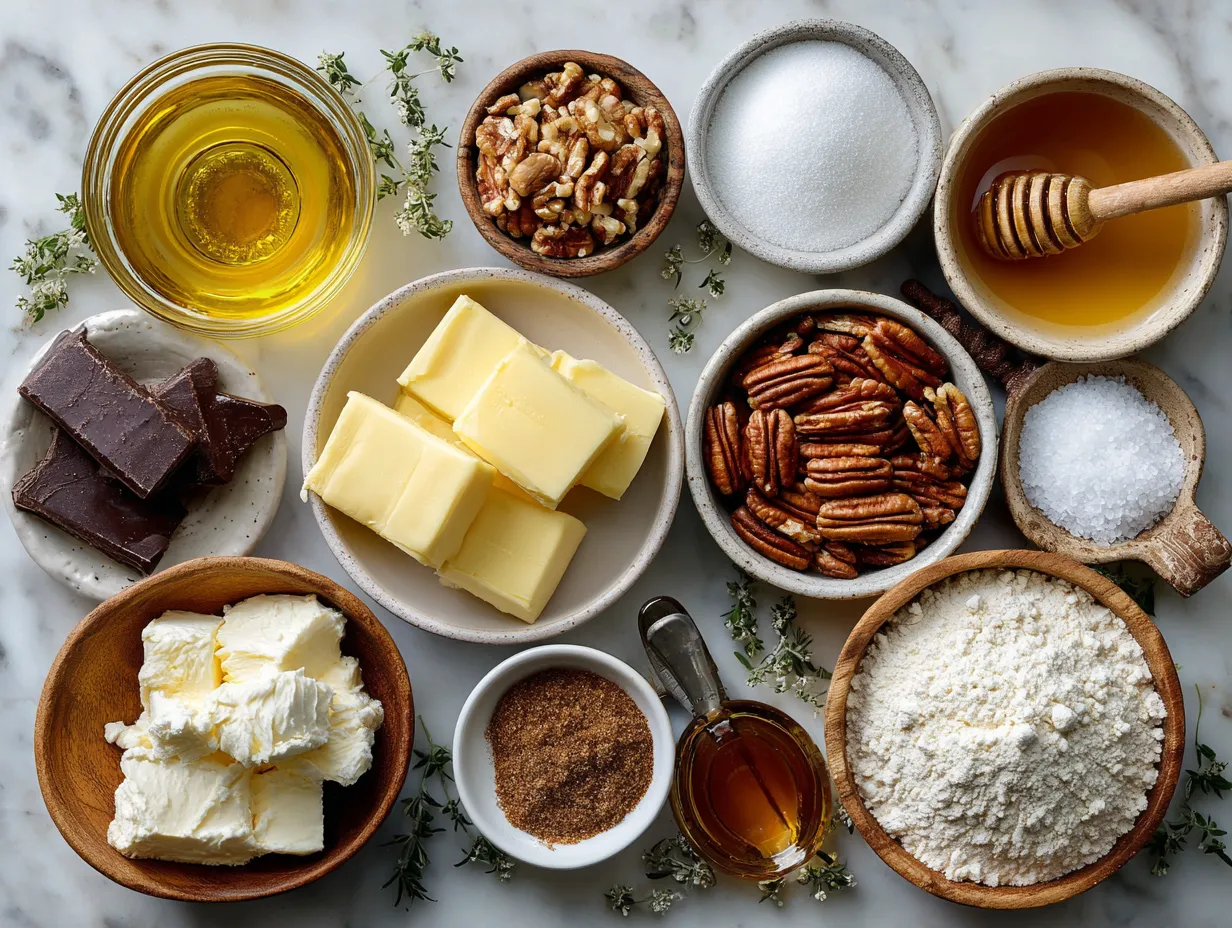 Ingredients for Pecan Pie Bar including flour, sugar, butter, eggs, corn syrup, brown sugar, vanilla, and pecans