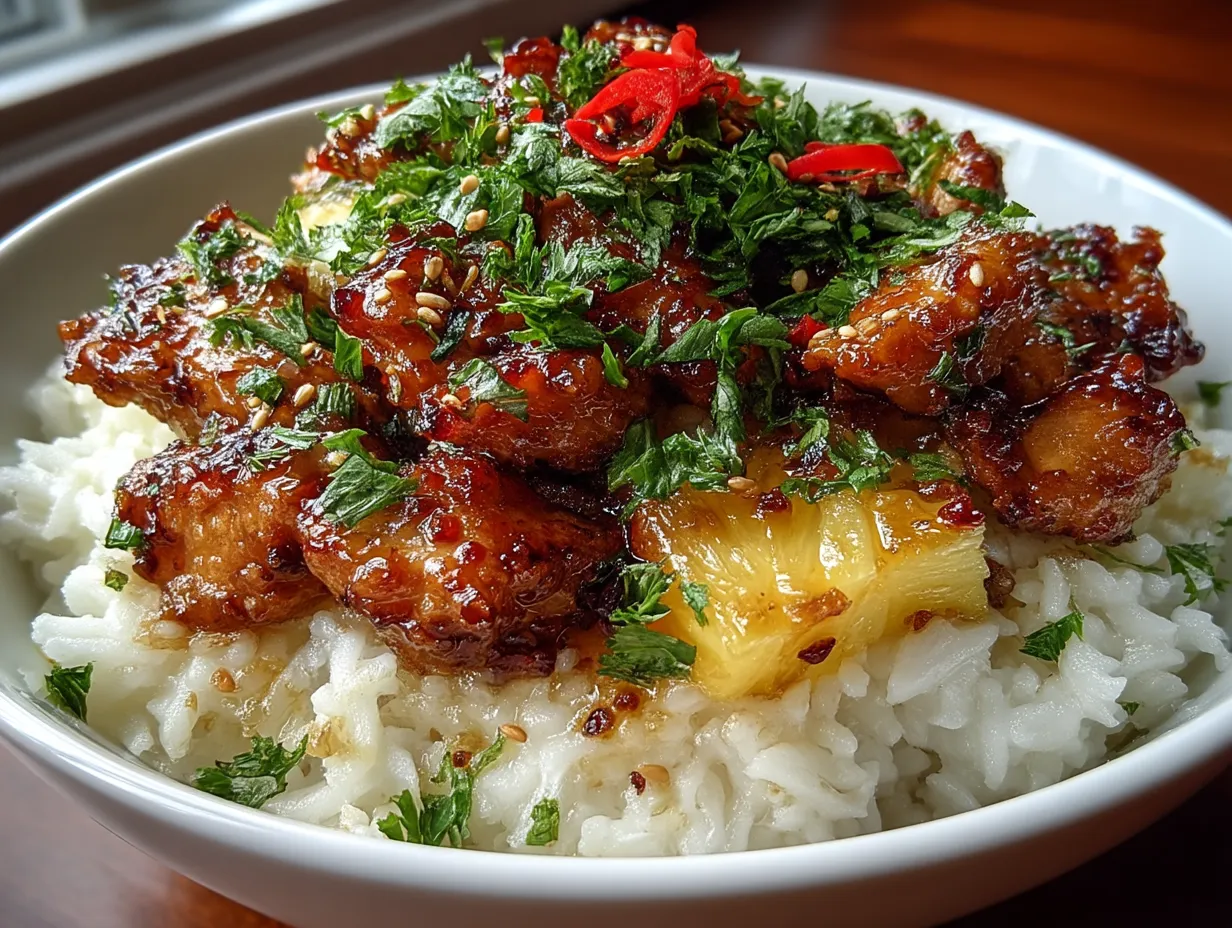 Served Pineapple Chicken and Rice garnished with fresh green onions and cilantro