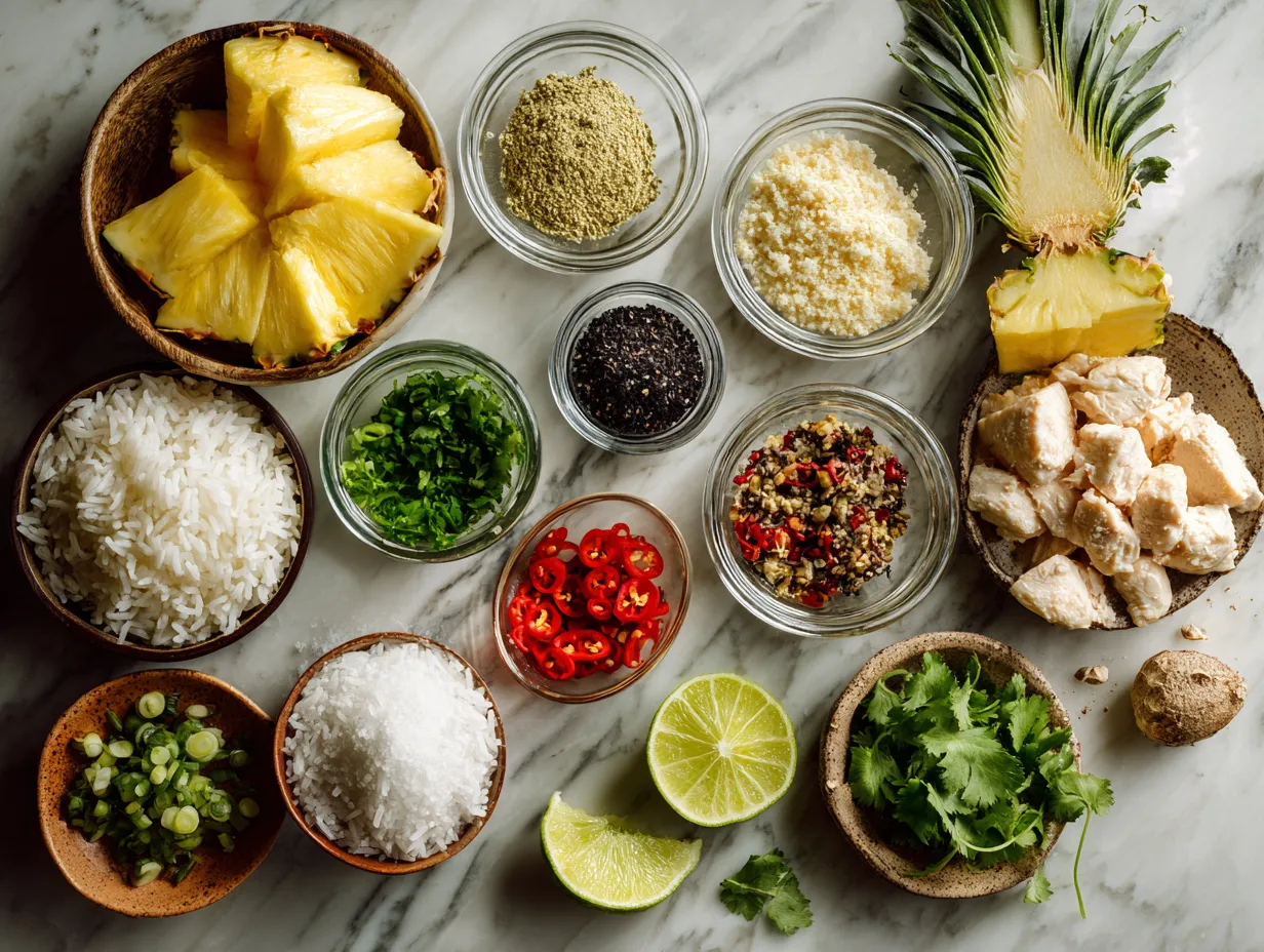 Ingredients for Pineapple Chicken and Rice including chicken, rice, pineapple, onion, bell pepper, and spices