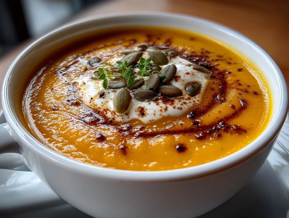 Served Pumpkin and Butternut Squash Soup with Ginger in bowls garnished with seeds and herbs