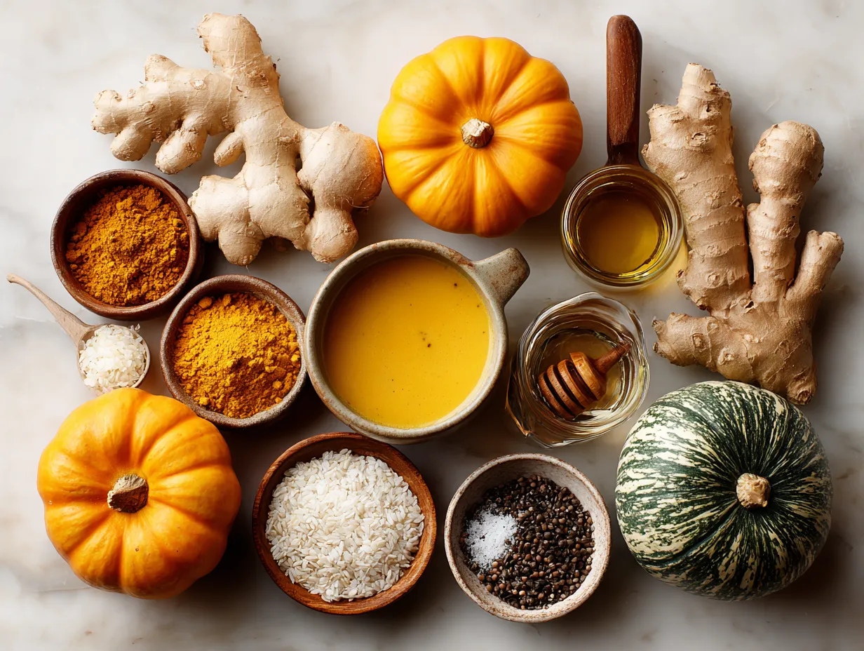 Ingredients laid out for Pumpkin and Butternut Squash Soup with Ginger