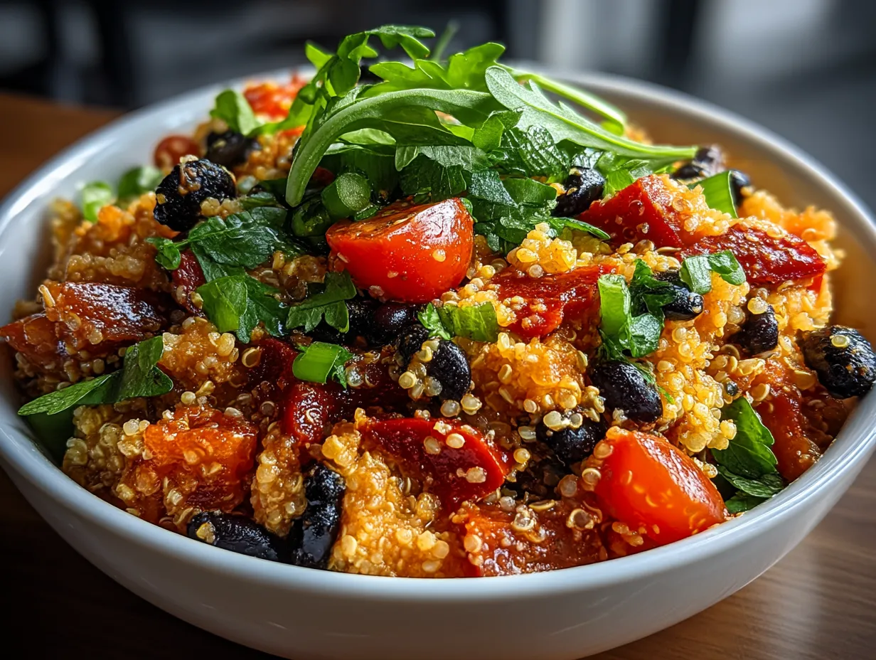 Quinoa Black Bean Salad served in bowl with fresh greens and tortilla chips