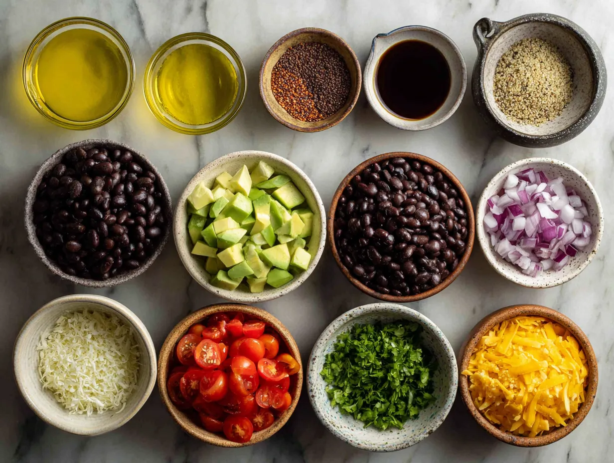 Ingredients for Quinoa Black Bean Salad including quinoa, black beans, cherry tomatoes, corn, and spices
