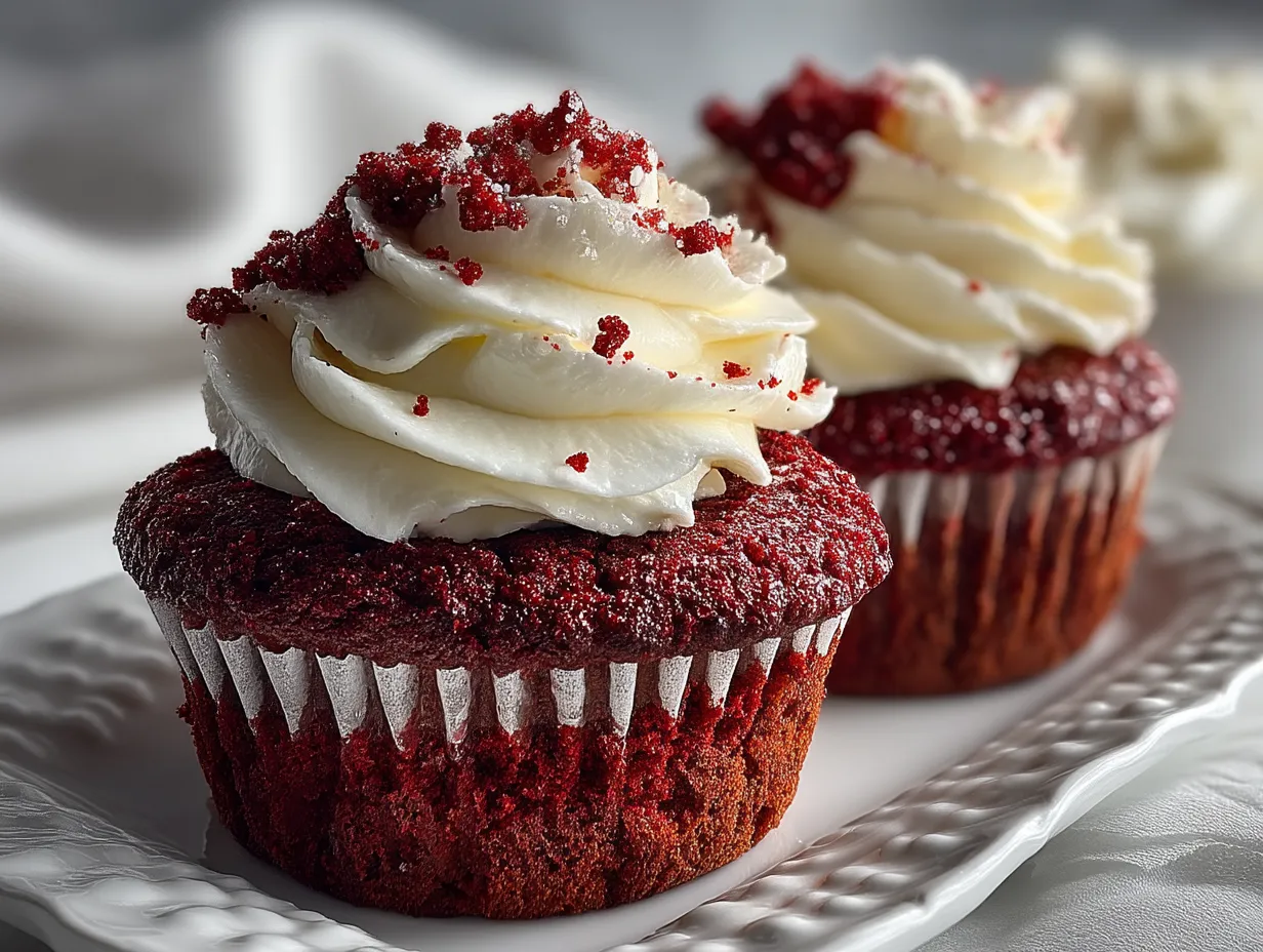 Finished red velvet cupcakes with cream cheese frosting ready to serve