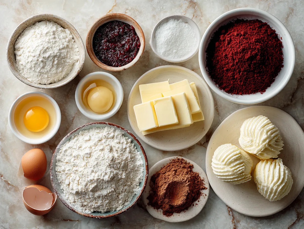 Ingredients laid out for making red velvet cupcakes