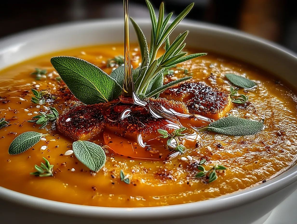 Bowl of Roasted Butternut Squash Sage Soup ready to serve