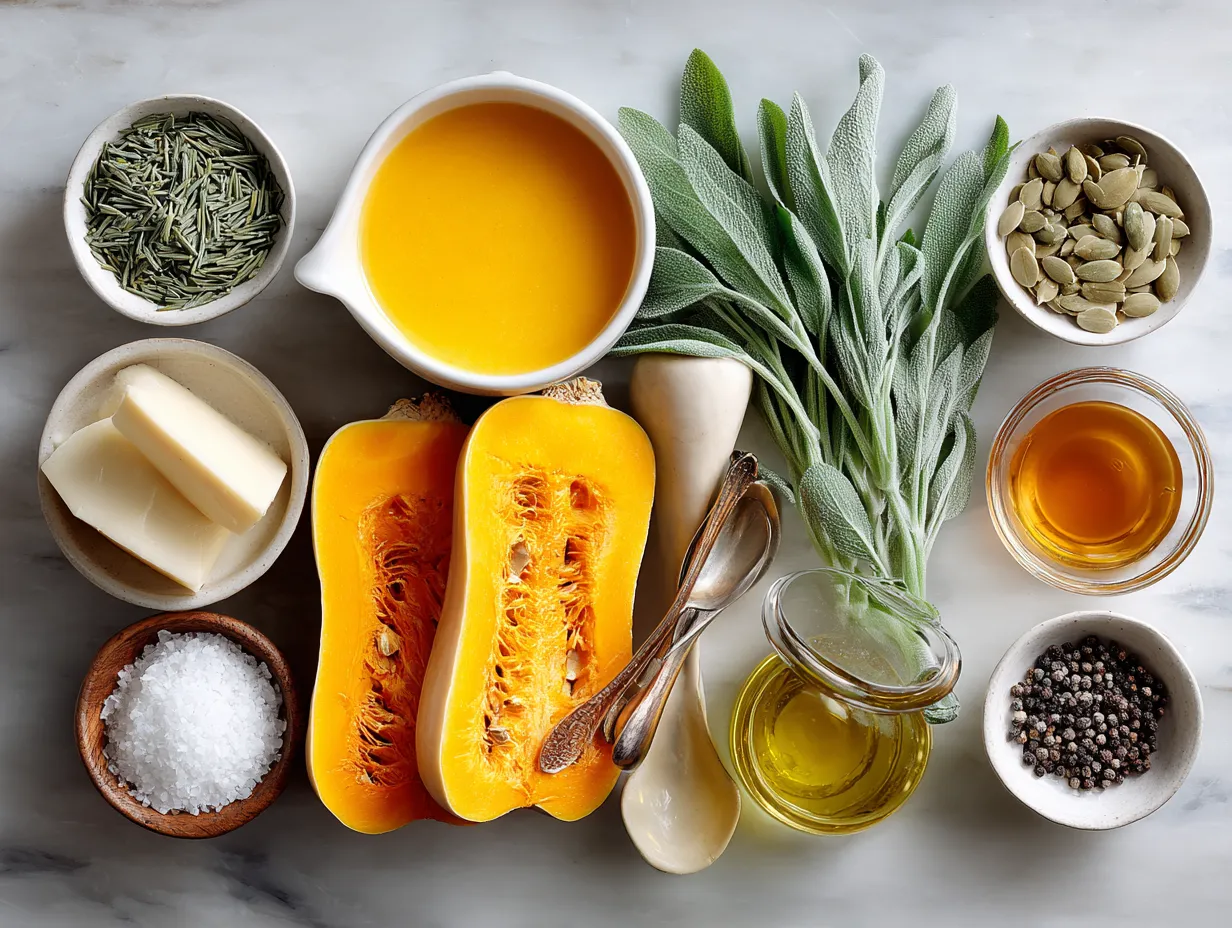 Ingredients for Roasted Butternut Squash Sage Soup laid out on a table