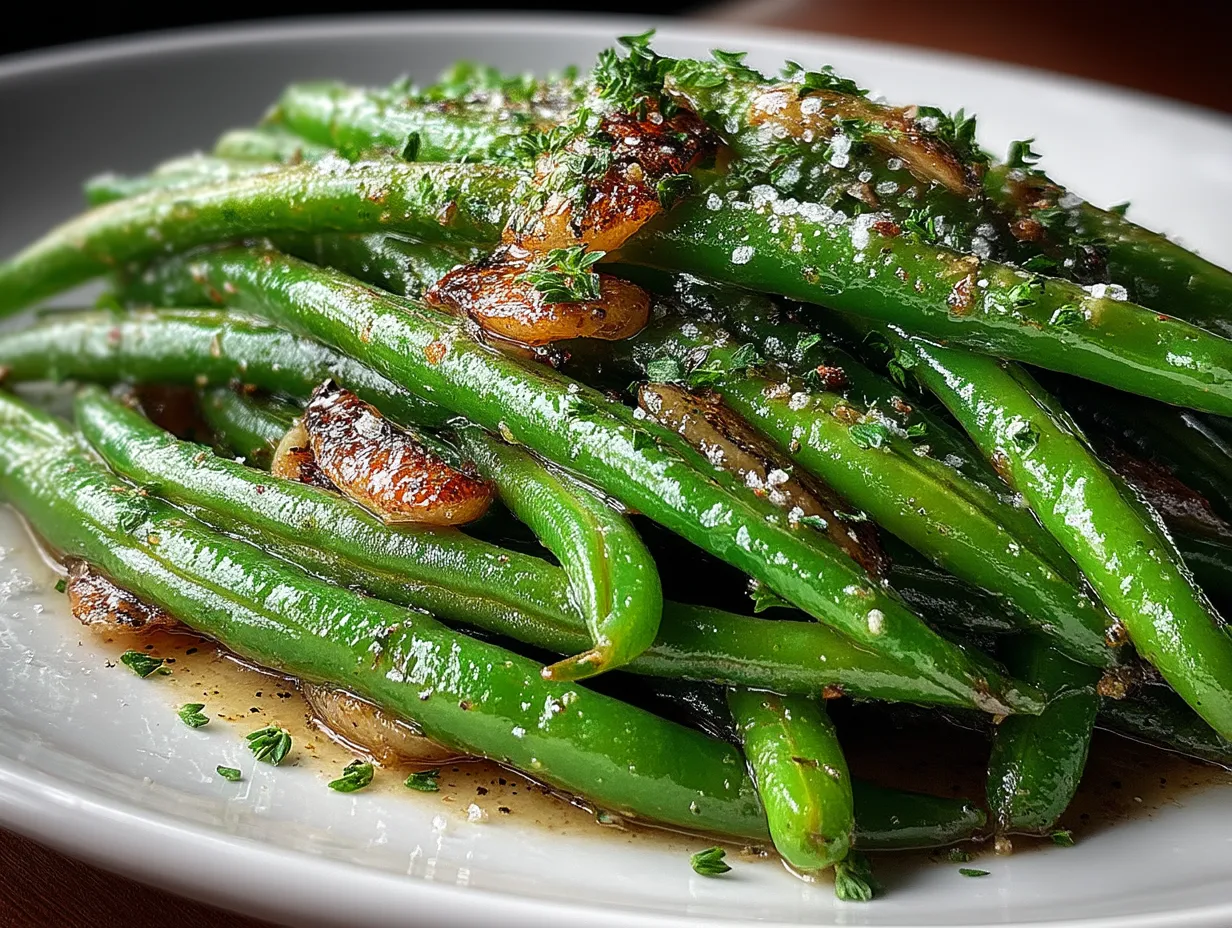 Sautéed garlic butter green beans served warm on a white plate