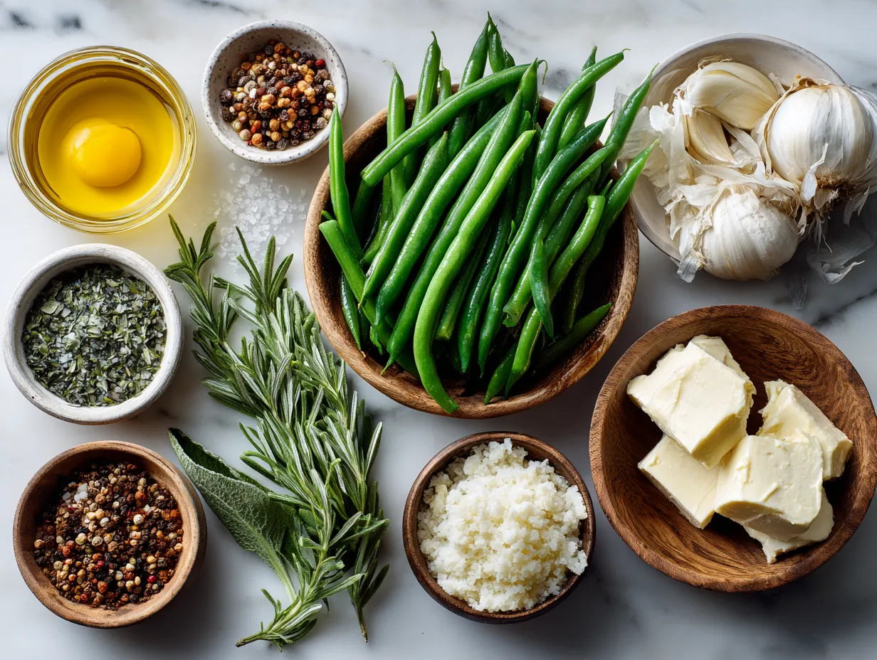 Ingredients for sautéed garlic butter green beans laid out on a kitchen counter