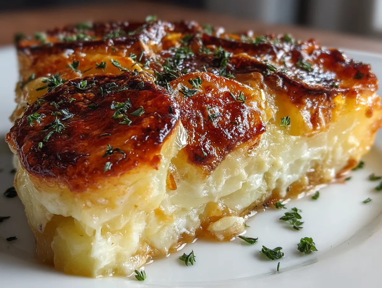 Served Scalloped Potato Casserole with a golden cheese crust on a plate ready to eat