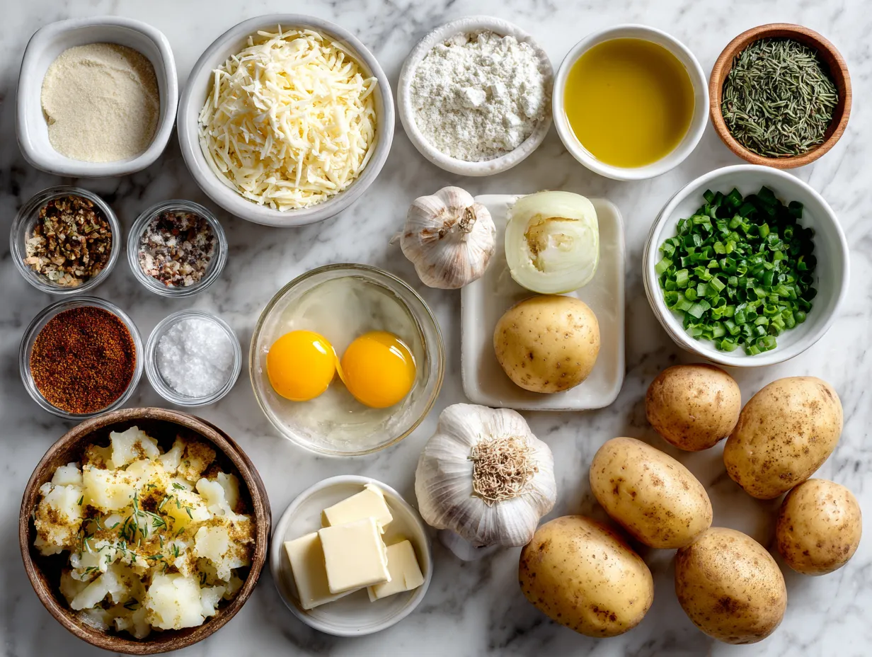 Ingredients for Scalloped Potato Casserole including potatoes, butter, milk, cheese, and onions