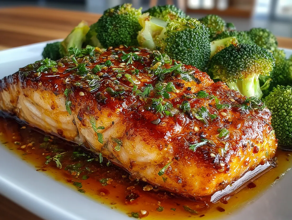 Served Sheet Pan Honey Garlic Salmon and Broccoli meal