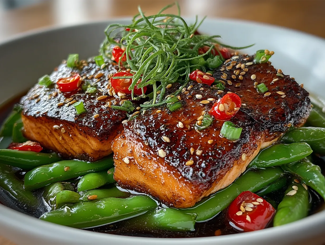 Serving Sheet Pan Sweet Chili Salmon and Snap Peas plated meal