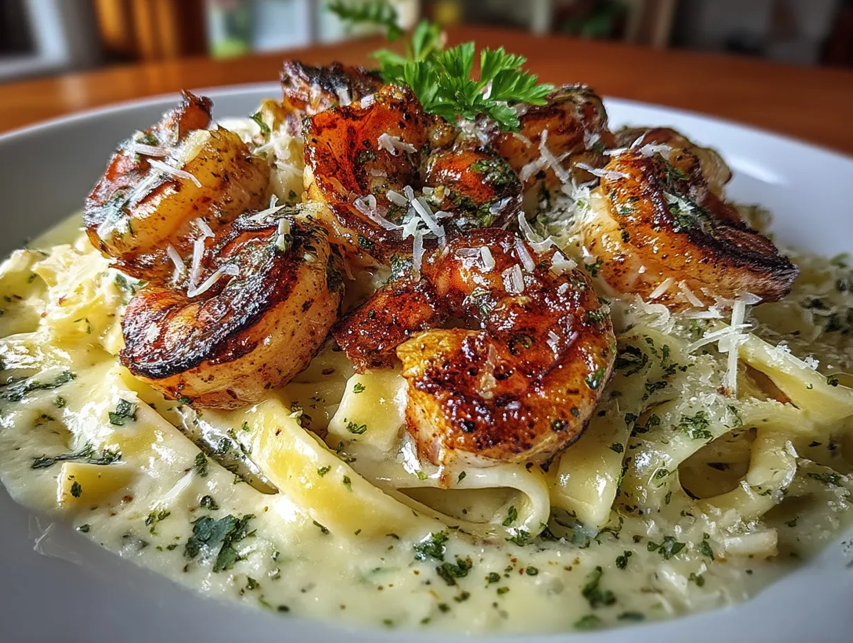 Serving of Shrimp Fettuccine Alfredo with Roasted Garlic garnished with fresh herbs