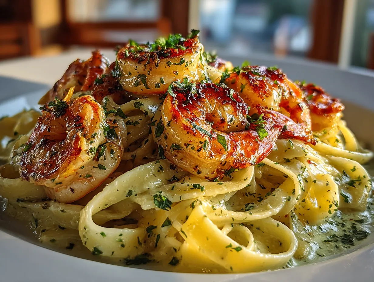 Shrimp Fettuccine Alfredo with Roasted Garlic
