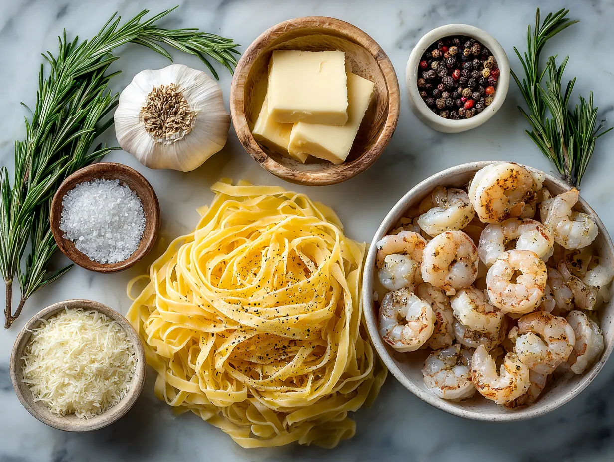 Ingredients laid out for Shrimp Fettuccine Alfredo with Roasted Garlic