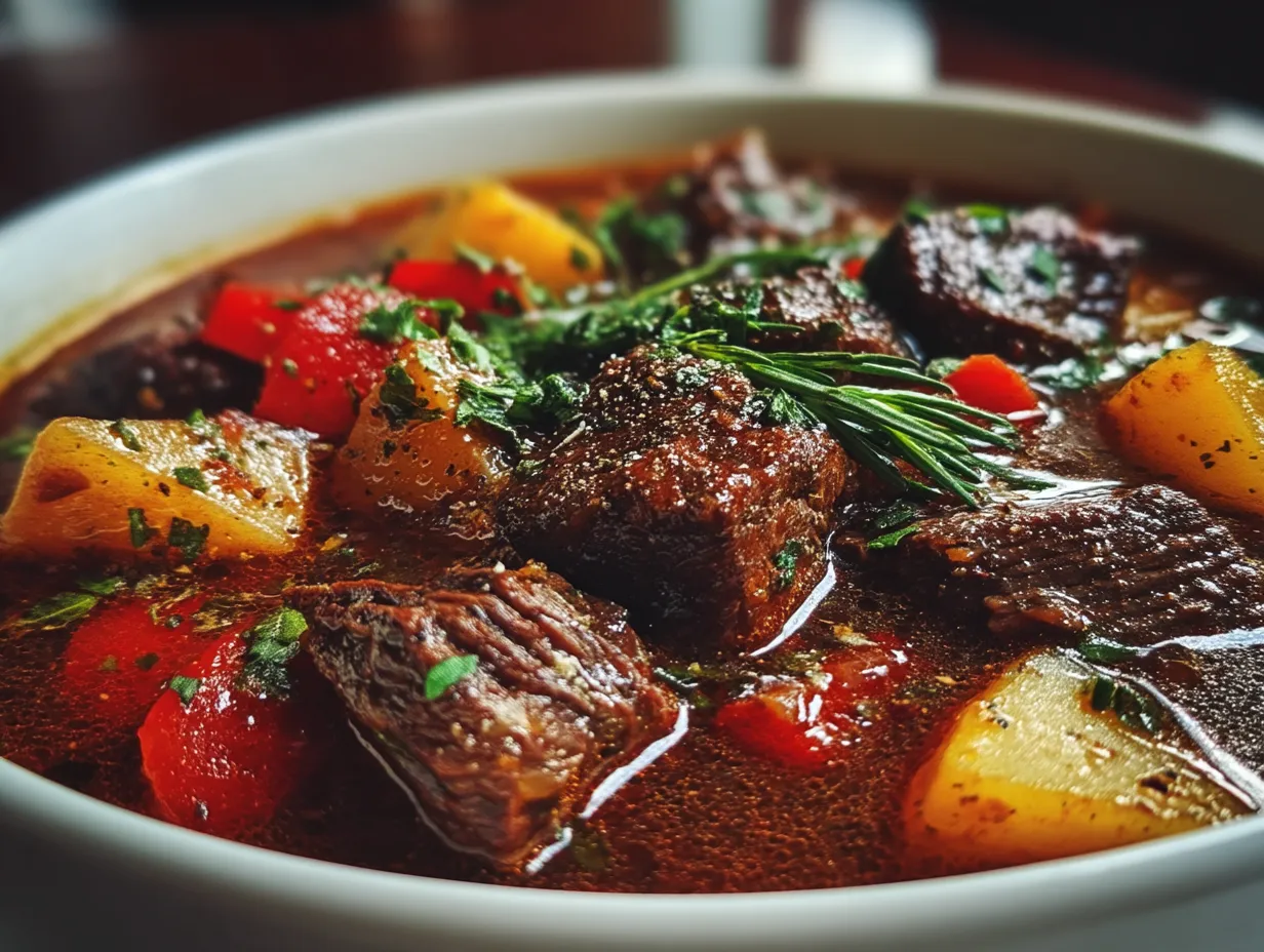 Slow Cooker Hearty Beef Stew served in a bowl with bread