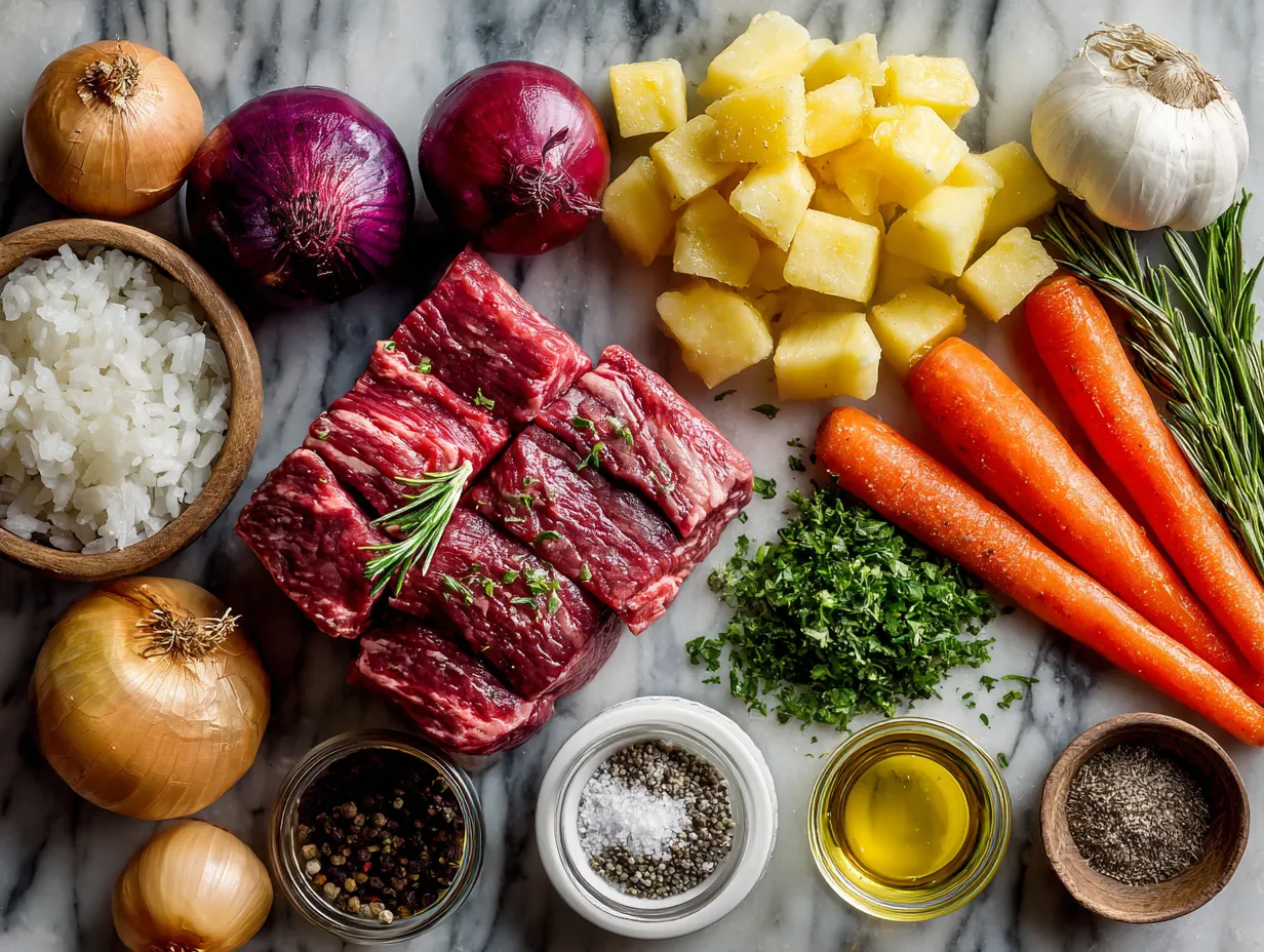 Ingredients for Slow Cooker Hearty Beef Stew laid out on a table