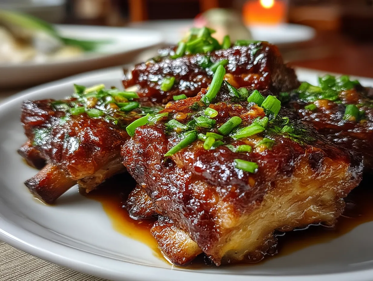 Served Slow Cooker Honey Garlic Pork Ribs on a plate with sides
