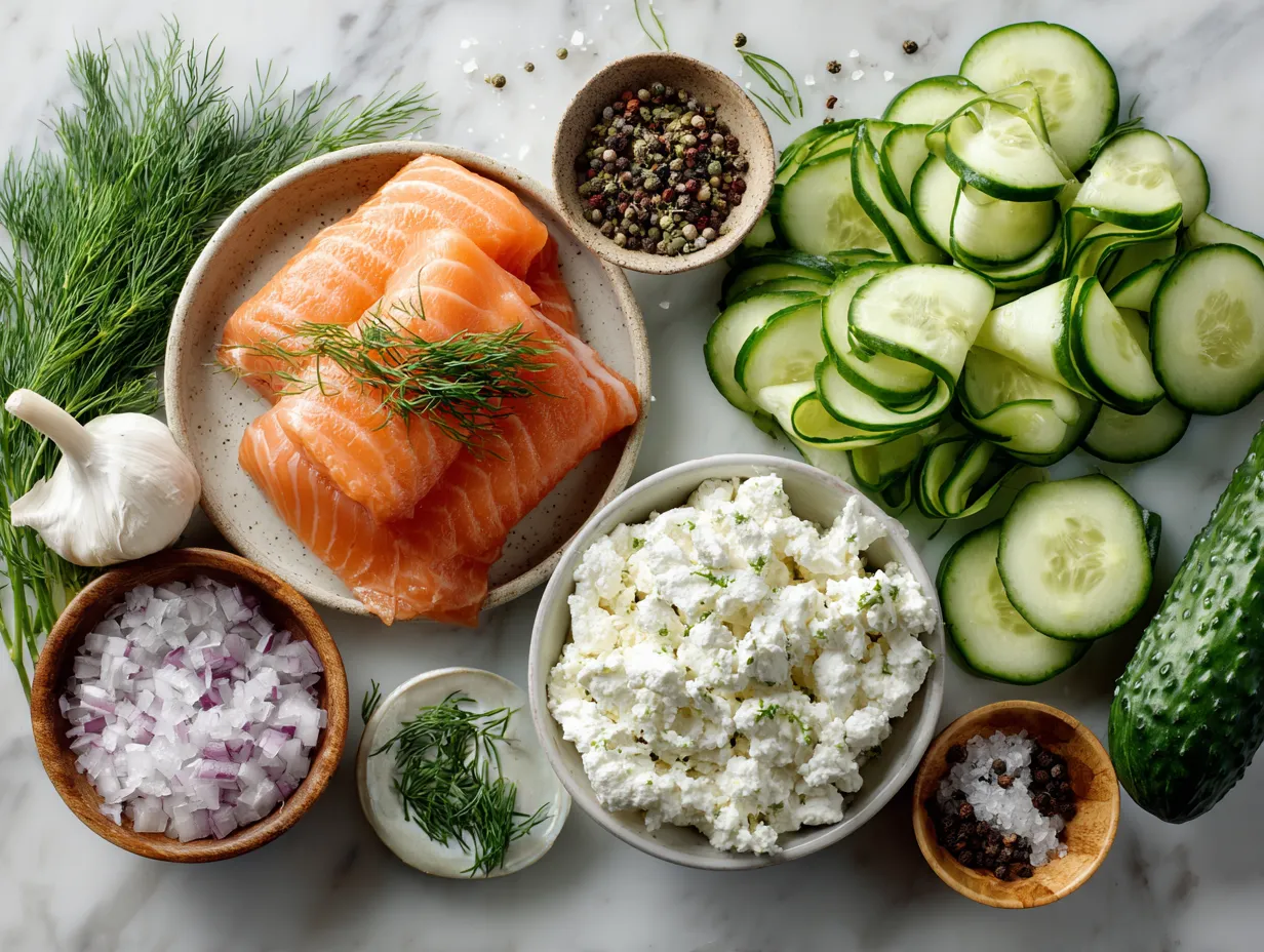 Ingredients for Smoked Salmon and Cucumber Ribbon Salad with Cream Cheese