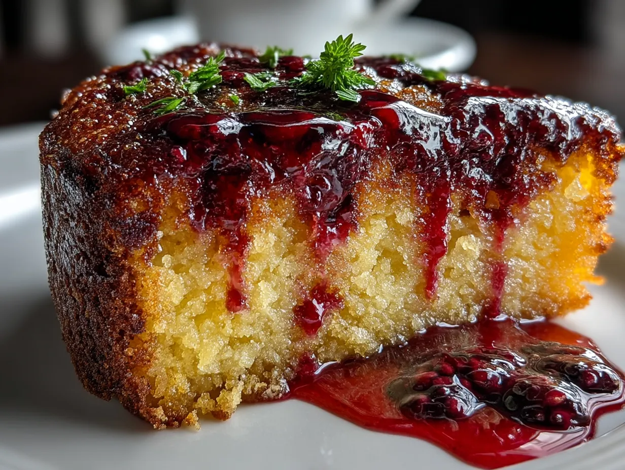 Serving Southern Blackberry Cornmeal Cake with cream and fresh blackberries
