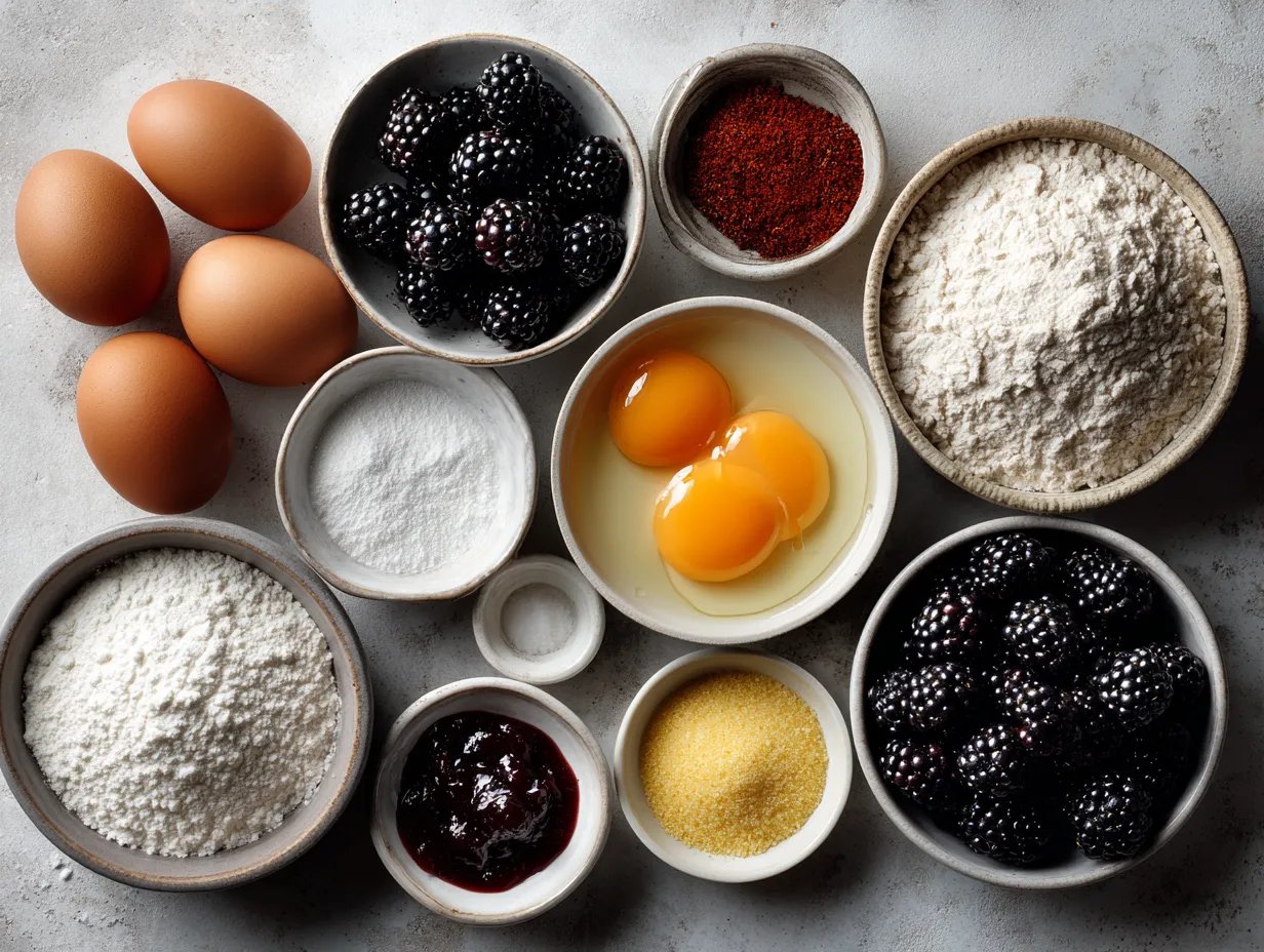 Ingredients for Southern Blackberry Cornmeal Cake including cornmeal, flour, blackberries, butter, eggs, and buttermilk