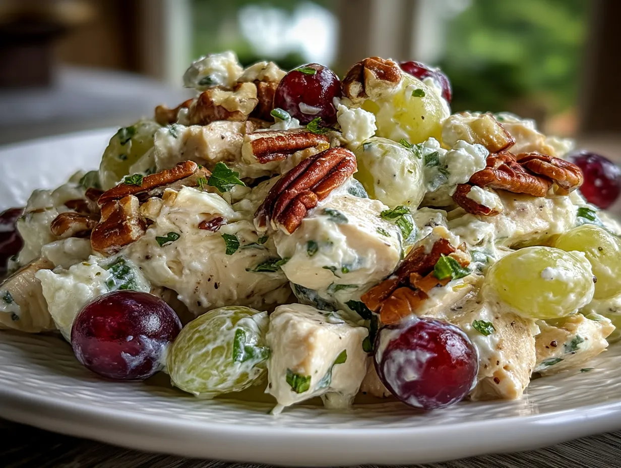Serving Southern Chicken Salad with Grapes and Pecans