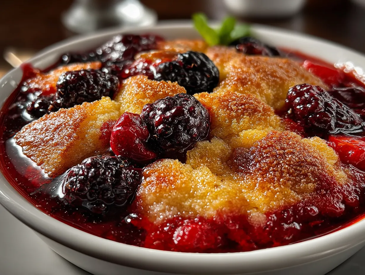 Southern Peach and Blackberry Cobbler served warm with vanilla ice cream on top